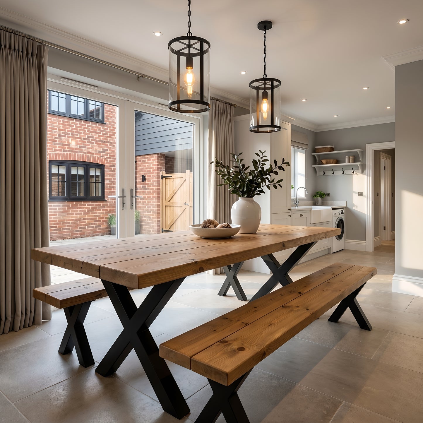 Farmhouse Dining Table With Bench and Black Metal Cross Legs