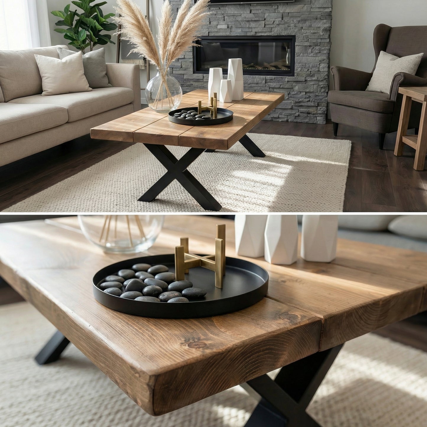 RITA Straight Edge Solid Wood Coffee Table With Metal X Legs