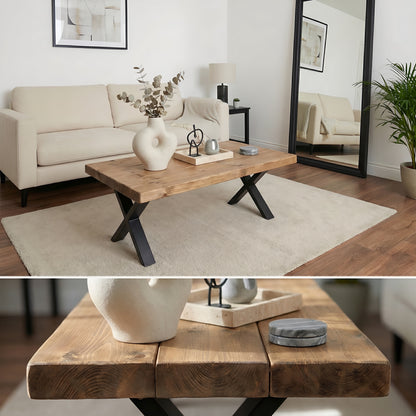 RITA Straight Edge Solid Wood Coffee Table With Metal X Legs