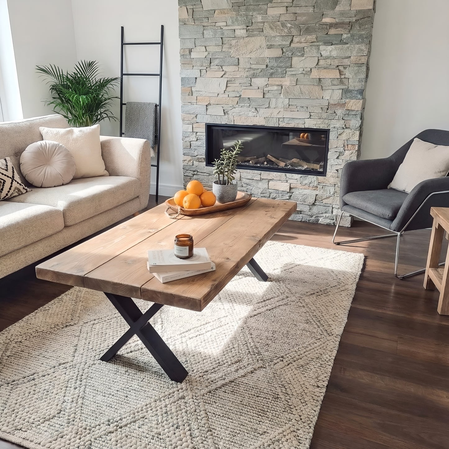 RITA Straight Edge Solid Wood Coffee Table With Metal X Legs