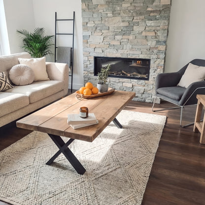 RITA Straight Edge Solid Wood Coffee Table With Metal X Legs