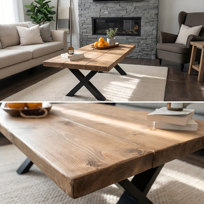 RITA Straight Edge Solid Wood Coffee Table With Metal X Legs