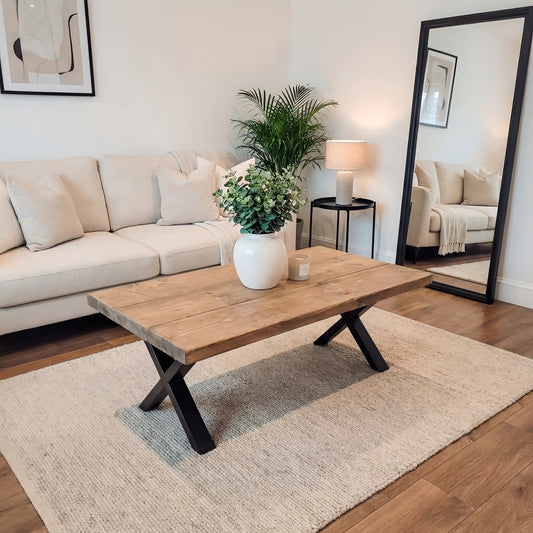 RITA Straight Edge Solid Wood Coffee Table With Metal X Legs