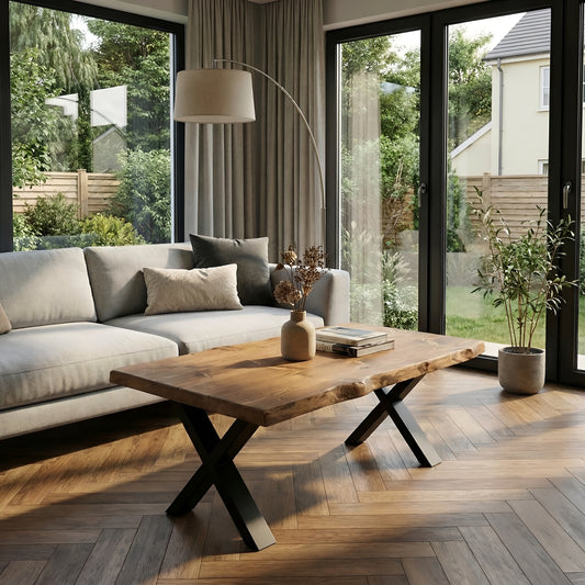 RITA Live / Waney Edge Coffee Table With Metal X Legs