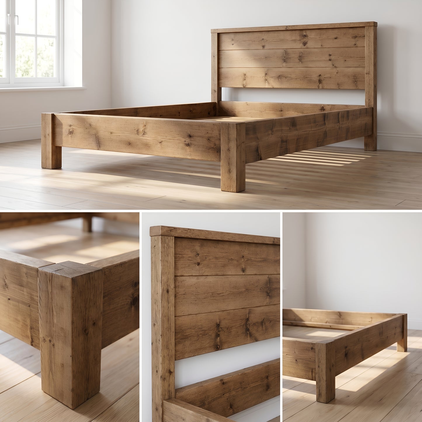 RIVENWOOD Bed Frame 40cm High  / Chunky Solid Rustic Pine Bed with Headboard