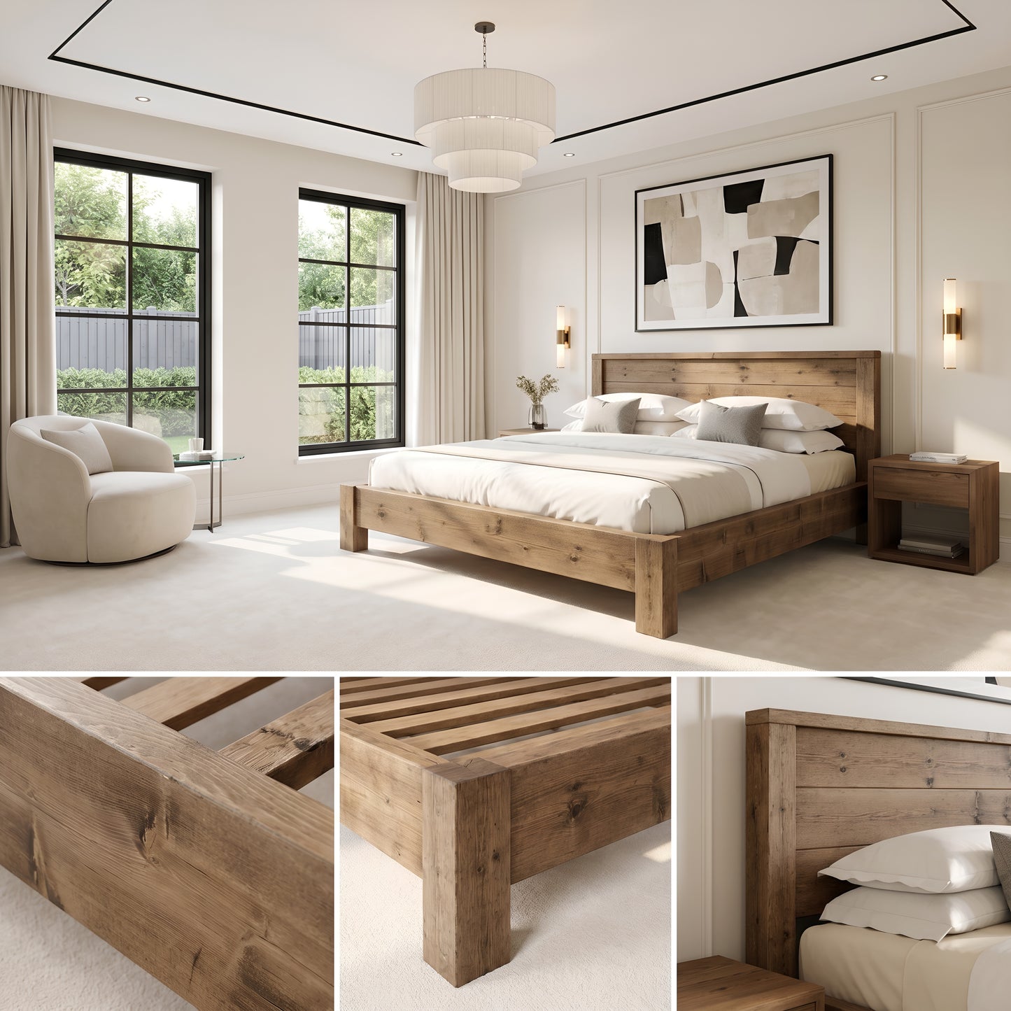 RIVENWOOD Bed Frame 40cm High  / Chunky Solid Rustic Pine Bed with Headboard