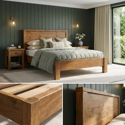 RIVENWOOD Bed Frame 40cm High  / Chunky Solid Rustic Pine Bed with Headboard