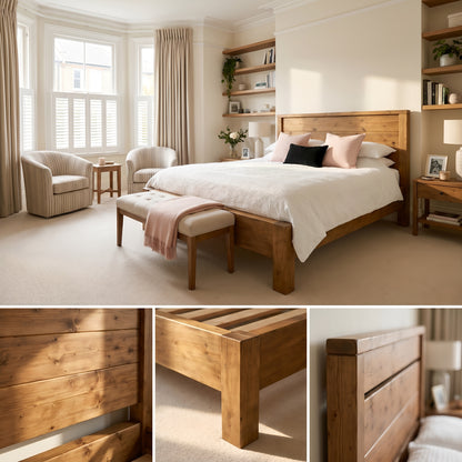RIVENWOOD Bed Frame 40cm High  / Chunky Solid Rustic Pine Bed with Headboard