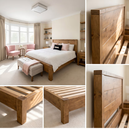 RIVENWOOD Bed Frame 40cm High  / Chunky Solid Rustic Pine Bed with Headboard