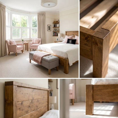 RIVENWOOD Bed Frame 40cm High  / Chunky Solid Rustic Pine Bed with Headboard