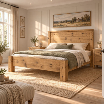 RIVENWOOD Light Oak Colour Bed Frame 40cm High  / Chunky Solid Rustic Pine Bed with Headboard