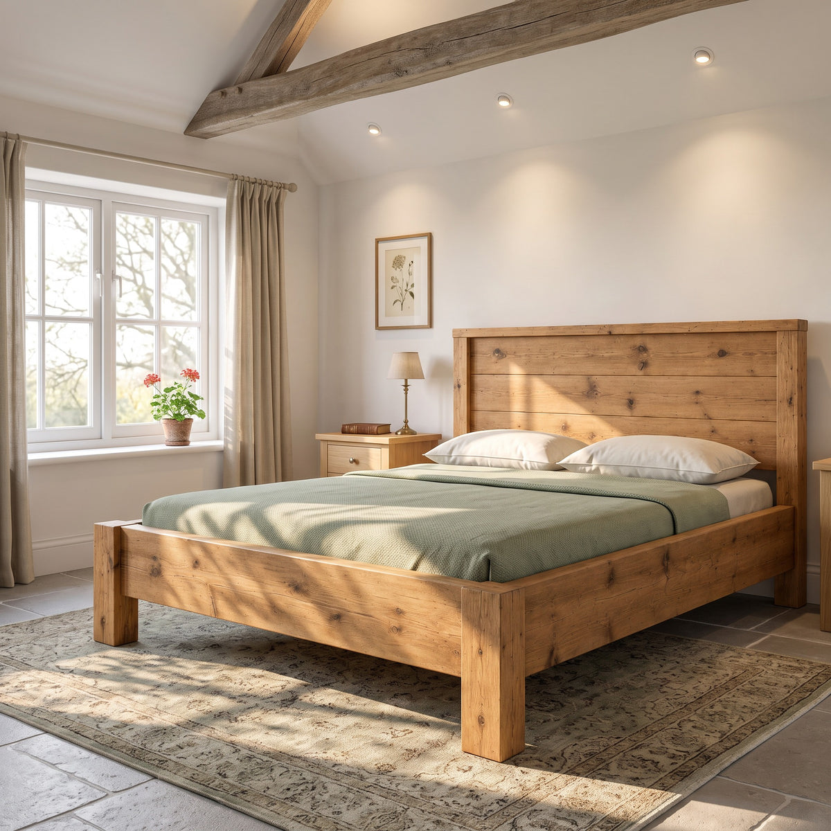 RIVENWOOD Light Oak Colour Bed Frame 40cm High  / Chunky Solid Rustic Pine Bed with Headboard