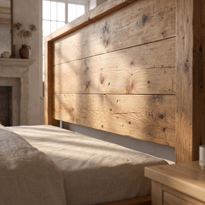 RIVENWOOD Light Oak Colour Bed Frame 40cm High  / Chunky Solid Rustic Pine Bed with Headboard