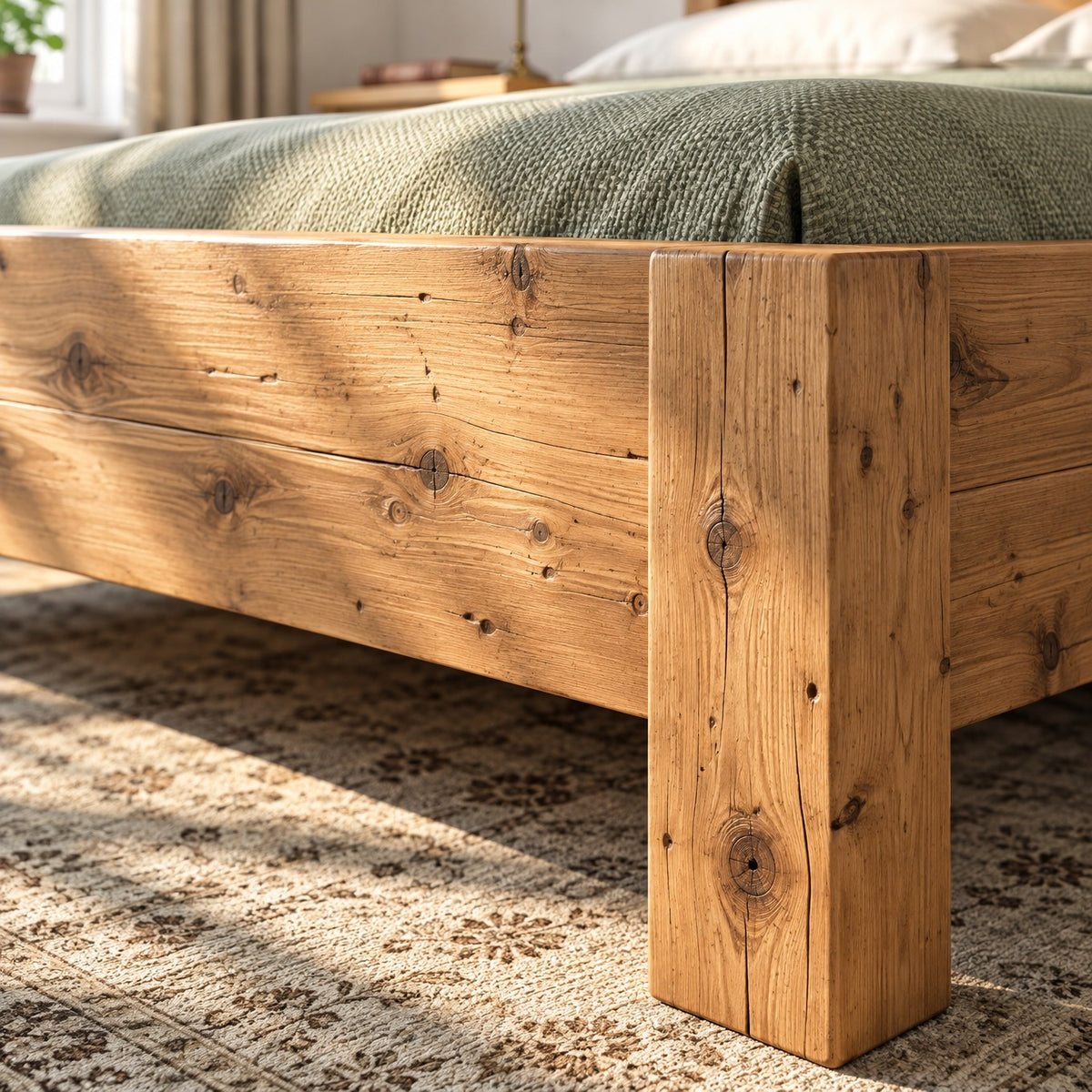 RIVENWOOD Light Oak Colour Bed Frame 40cm High  / Chunky Solid Rustic Pine Bed with Headboard