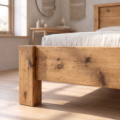 RIVENWOOD Light Oak Colour Bed Frame 40cm High  / Chunky Solid Rustic Pine Bed with Headboard