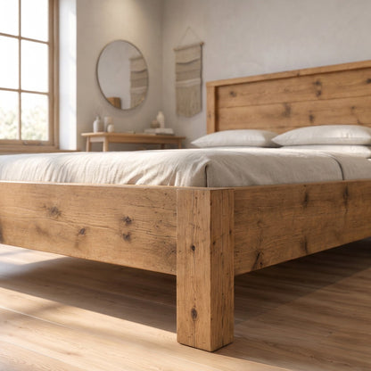RIVENWOOD Light Oak Colour Bed Frame 40cm High  / Chunky Solid Rustic Pine Bed with Headboard