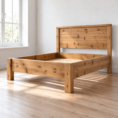 RIVENWOOD Light Oak Colour Bed Frame 40cm High  / Chunky Solid Rustic Pine Bed with Headboard