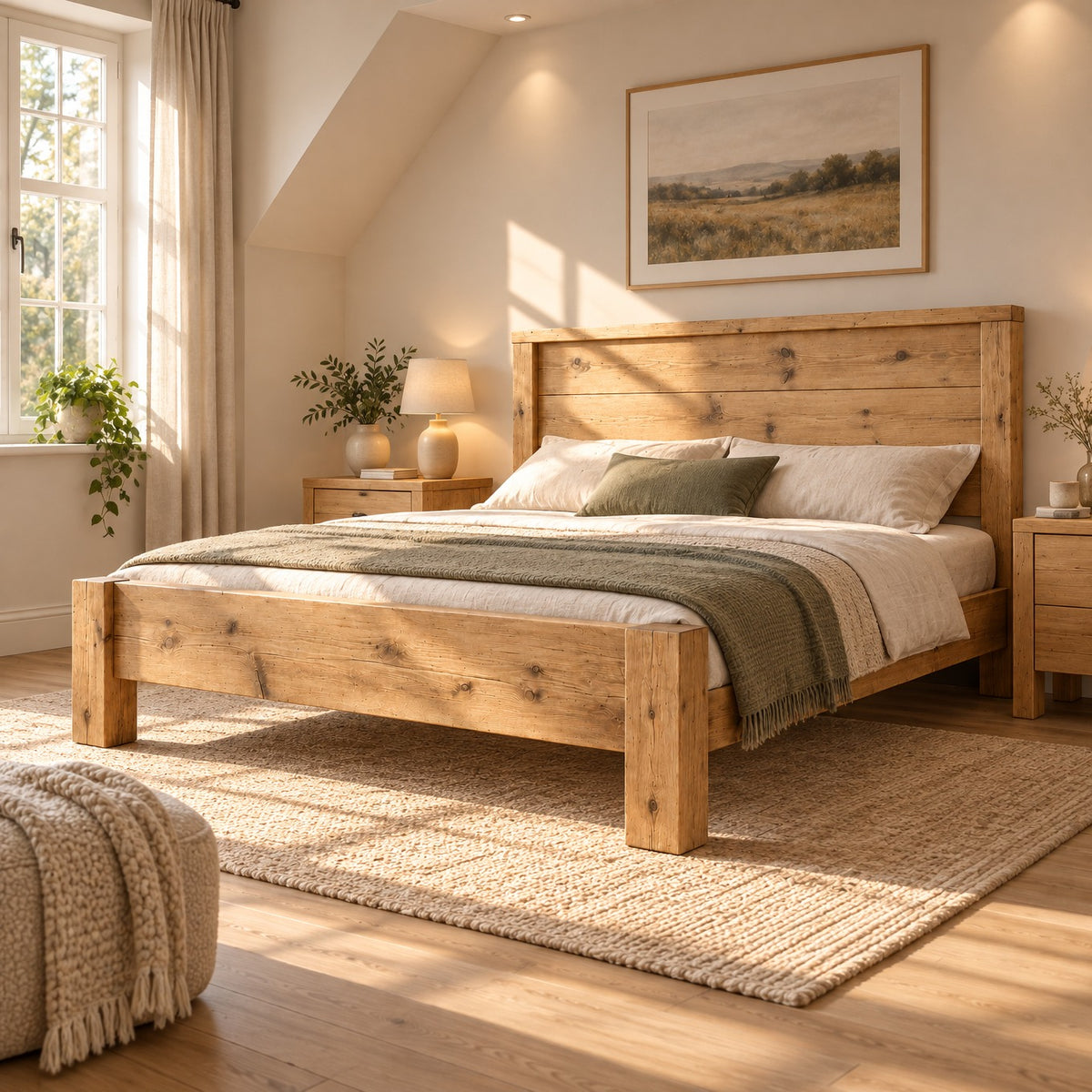 RIVENWOOD Light Oak Colour Bed Frame 40cm High  / Chunky Solid Rustic Pine Bed with Headboard