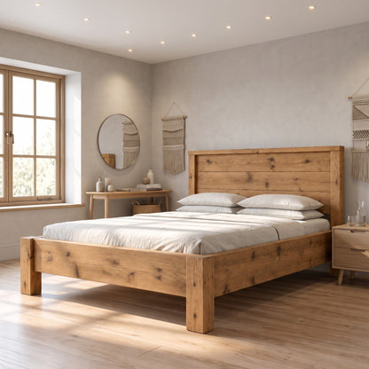 RIVENWOOD Light Oak Colour Bed Frame 40cm High  / Chunky Solid Rustic Pine Bed with Headboard