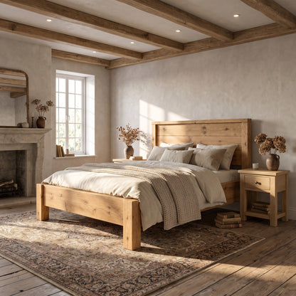 RIVENWOOD Light Oak Colour Bed Frame 40cm High  / Chunky Solid Rustic Pine Bed with Headboard