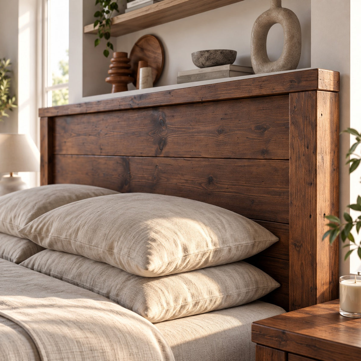 RIVENWOOD Walnut Colour Bed Frame 40cm High  / Chunky Solid Rustic Pine Bed with Headboard