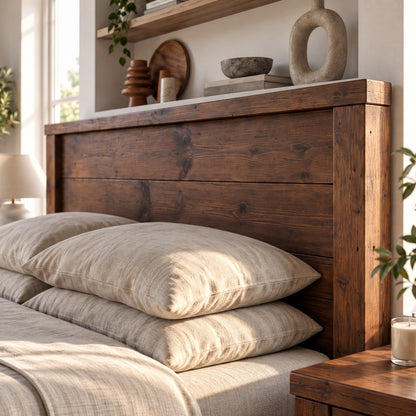 RIVENWOOD Walnut Colour Bed Frame 40cm High  / Chunky Solid Rustic Pine Bed with Headboard