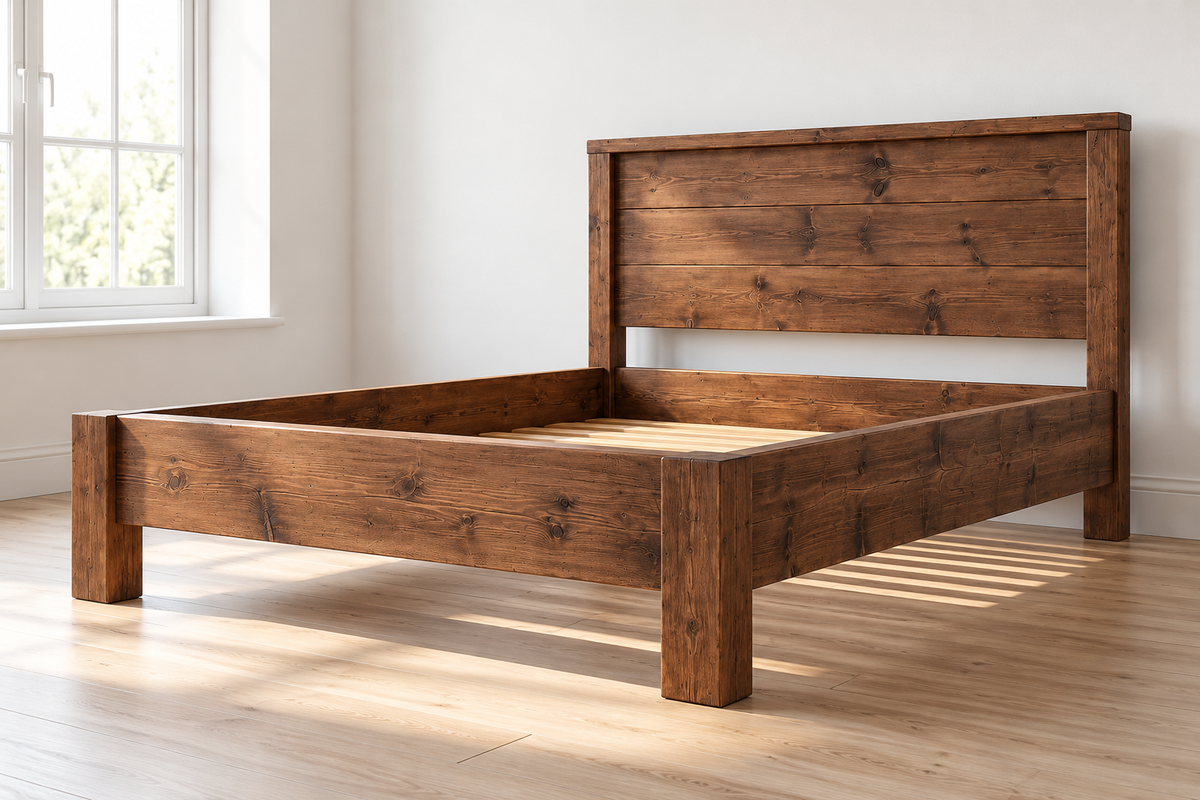 RIVENWOOD Walnut Colour Bed Frame 40cm High  / Chunky Solid Rustic Pine Bed with Headboard