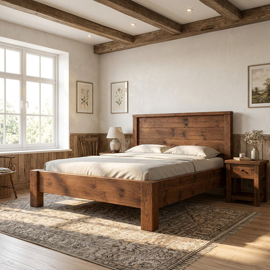 RIVENWOOD Walnut Colour Bed Frame 40cm High  / Chunky Solid Rustic Pine Bed with Headboard