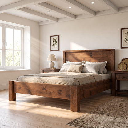 RIVENWOOD Walnut Colour Bed Frame 40cm High  / Chunky Solid Rustic Pine Bed with Headboard