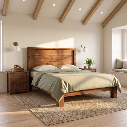 RIVENWOOD Walnut Colour Bed Frame 40cm High  / Chunky Solid Rustic Pine Bed with Headboard