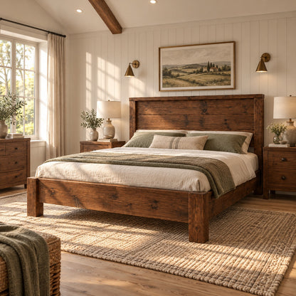 RIVENWOOD Walnut Colour Bed Frame 40cm High  / Chunky Solid Rustic Pine Bed with Headboard