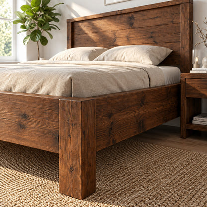 RIVENWOOD Walnut Colour Bed Frame 40cm High  / Chunky Solid Rustic Pine Bed with Headboard