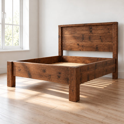 RIVENWOOD Walnut Colour Bed Frame 40cm High  / Chunky Solid Rustic Pine Bed with Headboard