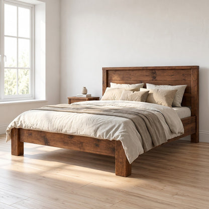 RIVENWOOD Walnut Colour Bed Frame 40cm High  / Chunky Solid Rustic Pine Bed with Headboard