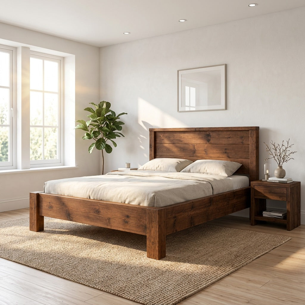 RIVENWOOD Walnut Colour Bed Frame 40cm High  / Chunky Solid Rustic Pine Bed with Headboard