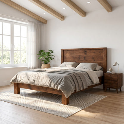 RIVENWOOD Walnut Colour Bed Frame 40cm High  / Chunky Solid Rustic Pine Bed with Headboard