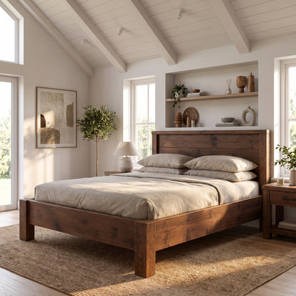 RIVENWOOD Walnut Colour Bed Frame 40cm High  / Chunky Solid Rustic Pine Bed with Headboard