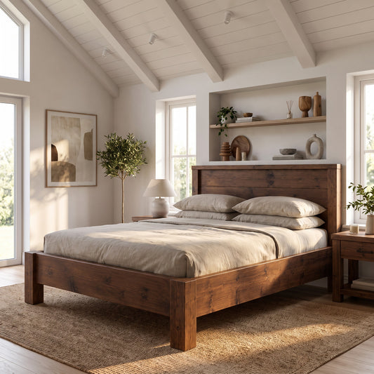RIVENWOOD Walnut Colour Bed Frame 40cm High  / Chunky Solid Rustic Pine Bed with Headboard