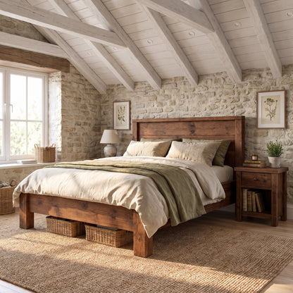 RIVENWOOD Walnut Colour Bed Frame 40cm High  / Chunky Solid Rustic Pine Bed with Headboard