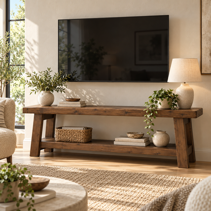 ROME Walnut Colour Solid Wood Chunky TV Unit / Bench
