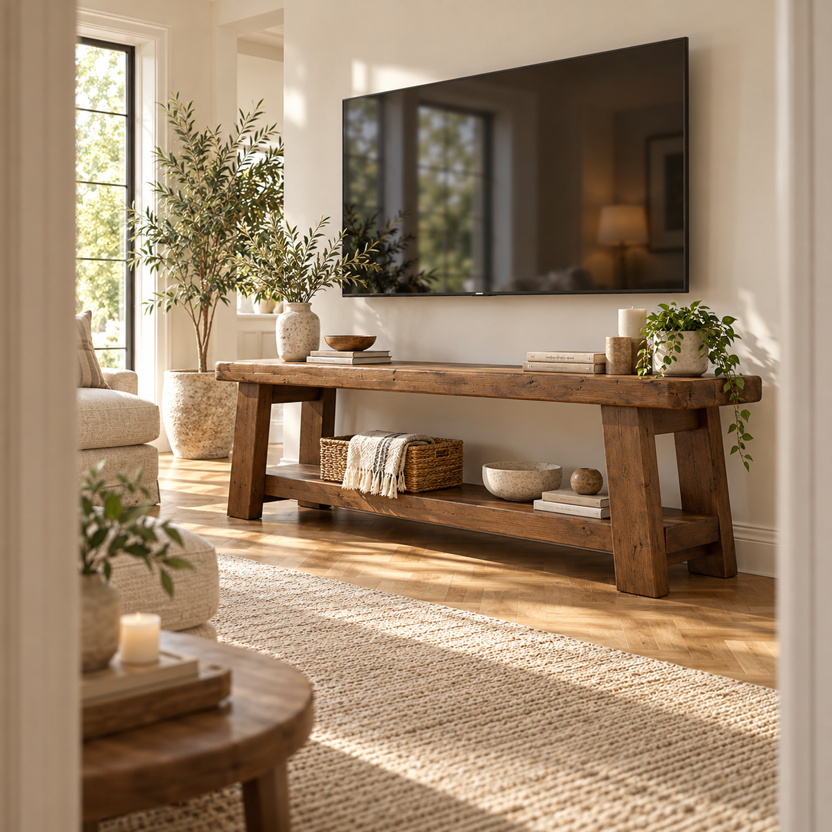 ROME Walnut Colour Solid Wood Chunky TV Unit / Bench