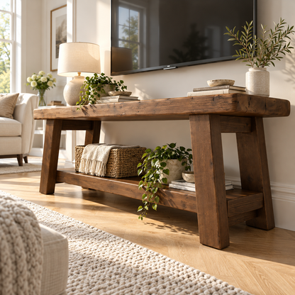 ROME Walnut Colour Solid Wood Chunky TV Unit / Bench