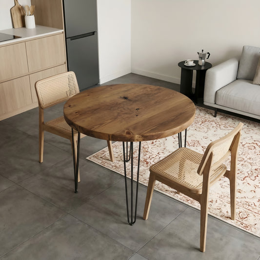TIVIA Rustic Chunky Wooden Round Dining Table With Hairpin Legs