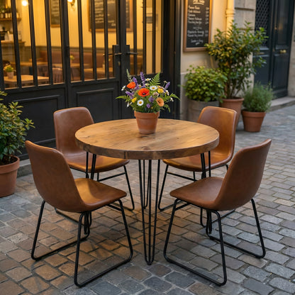 TIVIA Rustic Chunky Wooden Round Dining Table With Hairpin Legs