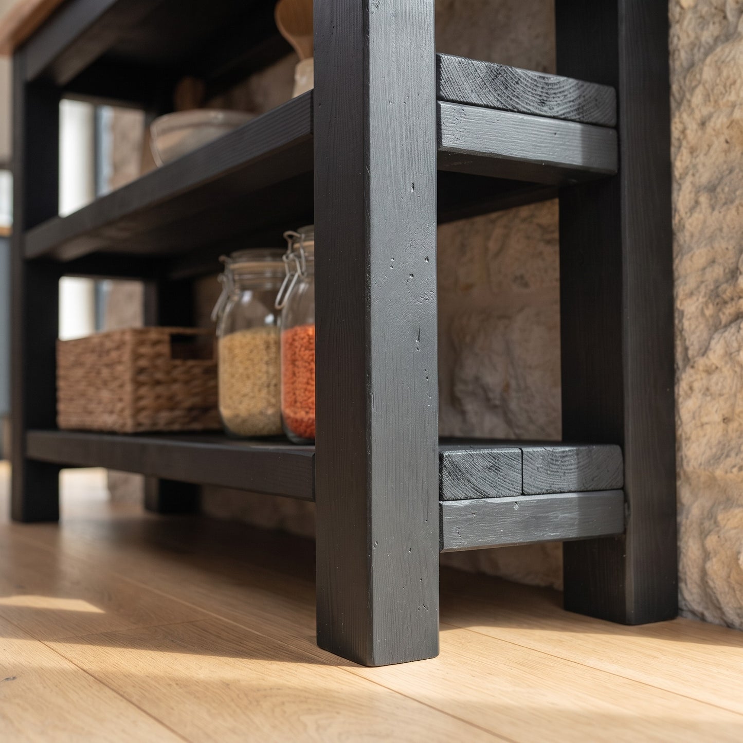 ROWAN Black and Light Oak Kitchen Island / Breakfast Bar / Rustic Black Painted Island