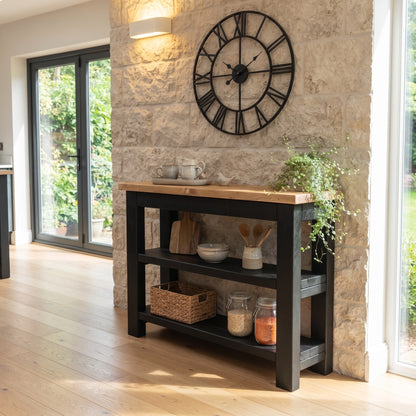 ROWAN Black and Light Oak Kitchen Island / Breakfast Bar / Rustic Black Painted Island