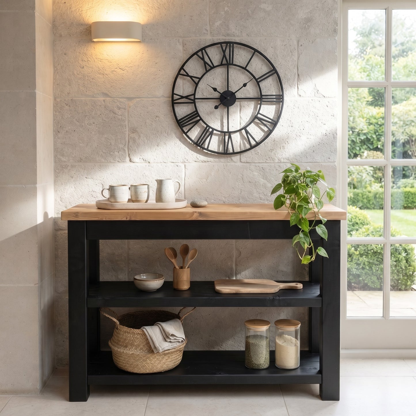 ROWAN Black and Light Oak Kitchen Island / Breakfast Bar / Rustic Black Painted Island