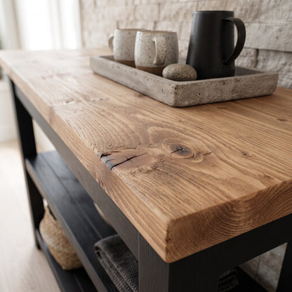 ROWAN Black and Light Oak Kitchen Island / Breakfast Bar / Rustic Black Painted Island