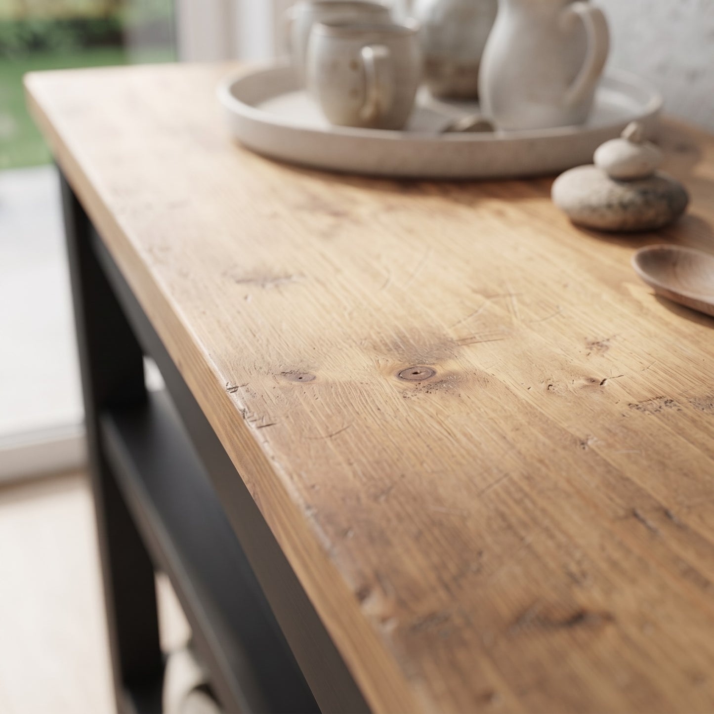 ROWAN Black and Light Oak Kitchen Island / Breakfast Bar / Rustic Black Painted Island