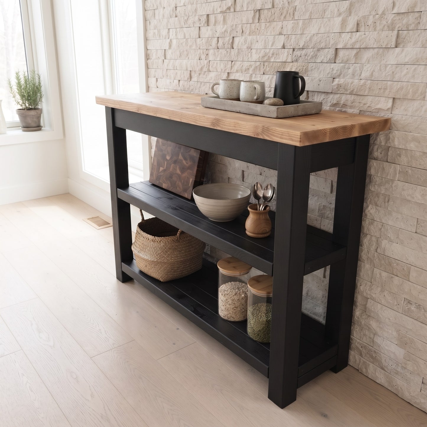 ROWAN Black and Light Oak Kitchen Island / Breakfast Bar / Rustic Black Painted Island